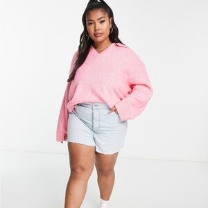 ASOS CURVE Pink V-Neck Sweater Plush Cozy Knit
